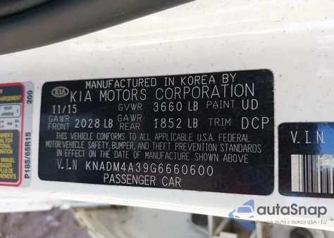 2016 Kia Rio Lx z USA, uszkodzony, nr VIN KNADM4A39G6660600